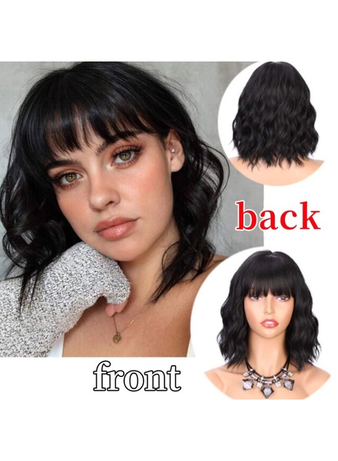 CLENEA Short Black Bob Wig With Bangs Synthetic Natural Hair Wigs for Women Wavy Shoulder Length Wig Water Wave - Image 4